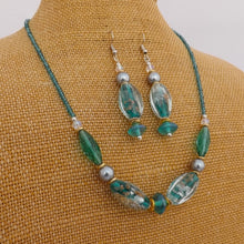 Load image into Gallery viewer, Teal, Silver & Gold Handmade Lamp Work Glass Bead Necklace & Earrings Set