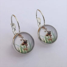 Load image into Gallery viewer, Tui with Kowhai on Grey - Dome Earrings on Lever Back Hooks (The NZ Collection)