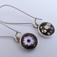 Load image into Gallery viewer, White Daisies & Purple Flower Double Sided Dome Earrings on Long Kidney Hooks