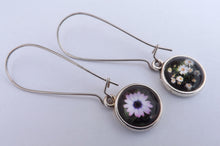 Load image into Gallery viewer, White Daisies & Purple Flower Double Sided Dome Earrings on Long Kidney Hooks