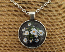 Load image into Gallery viewer, White Daisy Flowers on Black Silver Tone Dome Pendant
