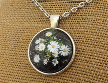 Load image into Gallery viewer, White Daisy Flowers on Black Silver Tone Dome Pendant