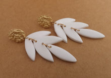Load image into Gallery viewer, White Polymer & Gold Tone Leaf Stud Drop Earrings