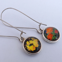 Load image into Gallery viewer, Yellow Pansy & Orange Flowers Double Sided Dome Earrings on Long Kidney Hooks