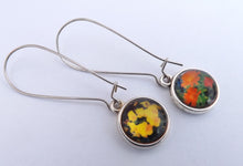 Load image into Gallery viewer, Yellow Pansy & Orange Flowers Double Sided Dome Earrings on Long Kidney Hooks