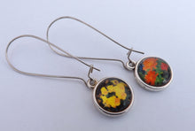 Load image into Gallery viewer, Yellow Pansy & Orange Flowers Double Sided Dome Earrings on Long Kidney Hooks