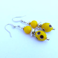 Load image into Gallery viewer, Yellow, Black & White Dotted Handmade Bead Earrings
