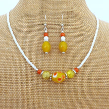 Load image into Gallery viewer, Yellow, Orange & White Handmade Bead Necklace & Earrings Set