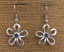 Load image into Gallery viewer, Blue & Silver Tone Flower Drop Earrings