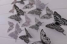 Load image into Gallery viewer, 12x Black/Grey Filigree Style Butterfly 3D Wall Decals