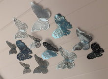 Load image into Gallery viewer, 12x Blue Mirror Like Filigree Style Butterfly 3D Wall Decals