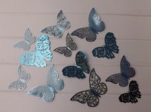 Load image into Gallery viewer, 12x Blue Mirror Like Filigree Style Butterfly 3D Wall Decals