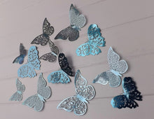 Load image into Gallery viewer, 12x Blue Mirror Like Filigree Style Butterfly 3D Wall Decals