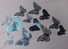 Load image into Gallery viewer, 12x Blue Mirror Like Filigree Style Butterfly 3D Wall Decals