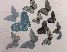 Load image into Gallery viewer, 12x Blue Mirror Like Filigree Style Butterfly 3D Wall Decals