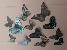 Load image into Gallery viewer, 12x Blue Mirror Like Filigree Style Butterfly 3D Wall Decals