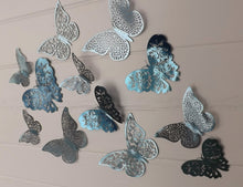 Load image into Gallery viewer, 12x Blue Mirror Like Filigree Style Butterfly 3D Wall Decals