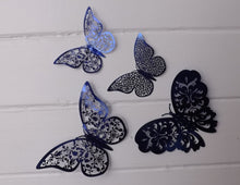 Load image into Gallery viewer, 12x Dark Blue Mirror Like Filigree Style Butterfly 3D Wall Decals