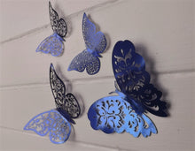 Load image into Gallery viewer, 12x Dark Blue Mirror Like Filigree Style Butterfly 3D Wall Decals
