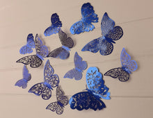 Load image into Gallery viewer, 12x Dark Blue Mirror Like Filigree Style Butterfly 3D Wall Decals