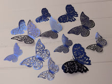 Load image into Gallery viewer, 12x Dark Blue Mirror Like Filigree Style Butterfly 3D Wall Decals