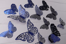 Load image into Gallery viewer, 12x Dark Blue Mirror Like Filigree Style Butterfly 3D Wall Decals
