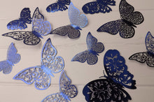 Load image into Gallery viewer, 12x Dark Blue Mirror Like Filigree Style Butterfly 3D Wall Decals