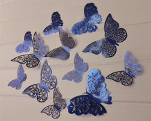 Load image into Gallery viewer, 12x Dark Blue Mirror Like Filigree Style Butterfly 3D Wall Decals