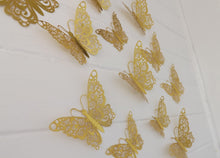 Load image into Gallery viewer, 12x Gold Hollow Metallic Effect 3D Butterfly Wall Decals