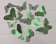 Load image into Gallery viewer, 12x Dark Green Mirror Like Filigree Style Butterfly 3D Wall Decals
