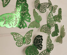 Load image into Gallery viewer, 12x Dark Green Mirror Like Filigree Style Butterfly 3D Wall Decals