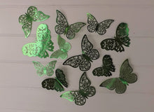 Load image into Gallery viewer, 12x Dark Green Mirror Like Filigree Style Butterfly 3D Wall Decals
