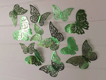 Load image into Gallery viewer, 12x Dark Green Mirror Like Filigree Style Butterfly 3D Wall Decals