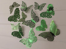 Load image into Gallery viewer, 12x Dark Green Mirror Like Filigree Style Butterfly 3D Wall Decals