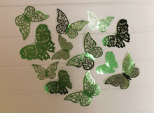 Load image into Gallery viewer, 12x Dark Green Mirror Like Filigree Style Butterfly 3D Wall Decals