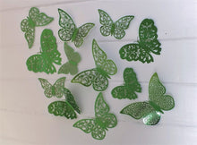 Load image into Gallery viewer, 12x Dark Green Mirror Like Filigree Style Butterfly 3D Wall Decals