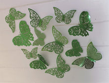 Load image into Gallery viewer, 12x Dark Green Mirror Like Filigree Style Butterfly 3D Wall Decals