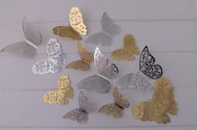 Load image into Gallery viewer, 12x Metallic Effect Rose Gold & Silver Butterfly 3D Wall Decals