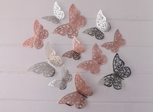 Load image into Gallery viewer, 12x Metallic Effect Rose Gold & Silver Filigree Style Butterfly 3D Wall Decals