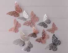 Load image into Gallery viewer, 12x Metallic Effect Rose Gold & Silver Filigree Style Butterfly 3D Wall Decals