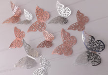 Load image into Gallery viewer, 12x Metallic Effect Rose Gold & Silver Filigree Style Butterfly 3D Wall Decals