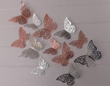 Load image into Gallery viewer, 12x Metallic Effect Rose Gold & Silver Filigree Style Butterfly 3D Wall Decals