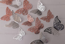 Load image into Gallery viewer, 12x Metallic Effect Rose Gold & Silver Filigree Style Butterfly 3D Wall Decals