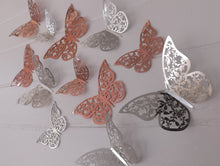 Load image into Gallery viewer, 12x Metallic Effect Rose Gold & Silver Filigree Style Butterfly 3D Wall Decals
