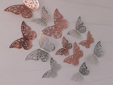 Load image into Gallery viewer, 12x Metallic Effect Rose Gold & Silver Filigree Style Butterfly 3D Wall Decals
