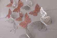 Load image into Gallery viewer, 12x Metallic Effect Rose Gold & Silver Filigree Style Butterfly 3D Wall Decals