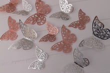 Load image into Gallery viewer, 12x Metallic Effect Rose Gold & Silver Filigree Style Butterfly 3D Wall Decals