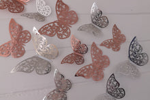 Load image into Gallery viewer, 12x Metallic Effect Rose Gold & Silver Filigree Style Butterfly 3D Wall Decals
