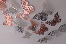 Load image into Gallery viewer, 12x Metallic Effect Rose Gold & Silver Filigree Style Butterfly 3D Wall Decals