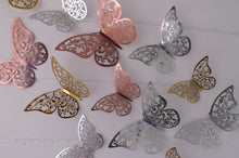 Load image into Gallery viewer, 12x Metallic Effect Rose Gold, Silver & Gold Filigree Style Butterfly 3D Wall Decals